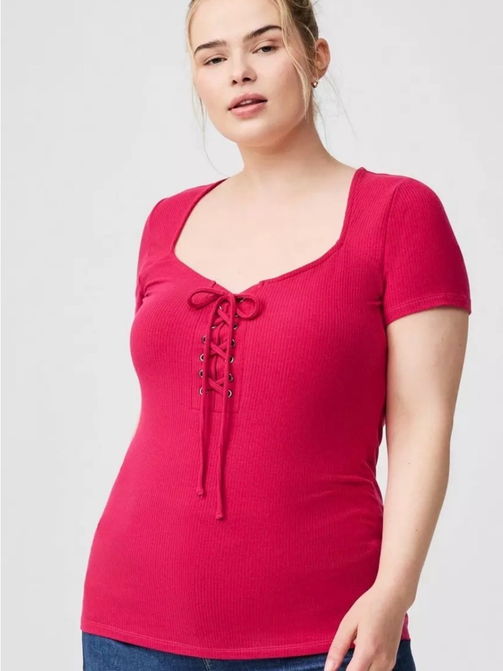 Torrid Ribbed Lace Up top in Bright Pink